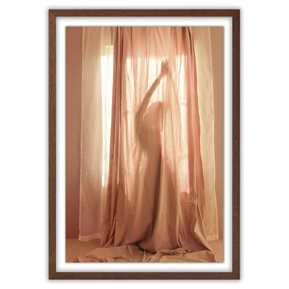 modern float vertical frame with image of woman behind sheets